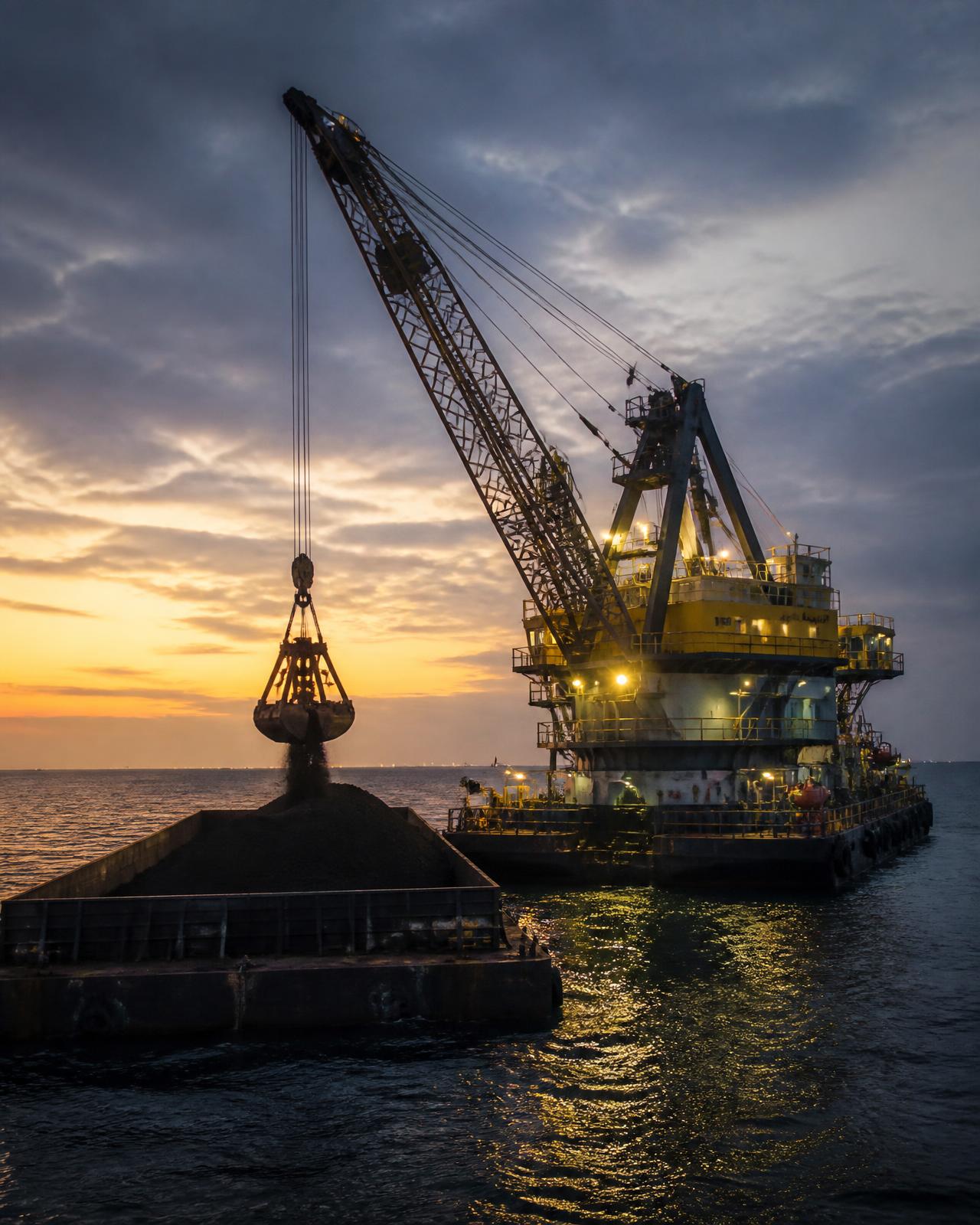 Floating crane loading coal