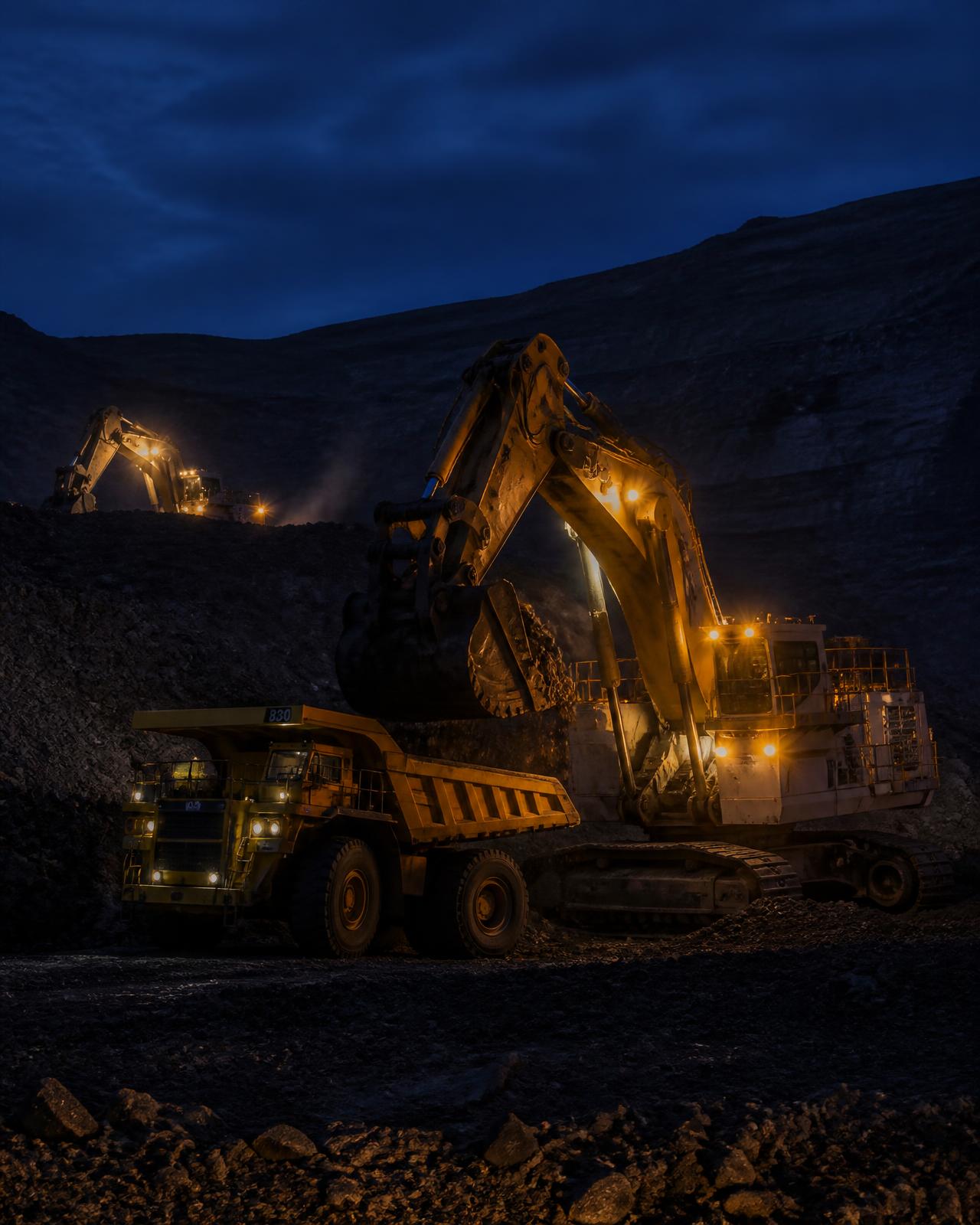 Mining excavators at blue hour